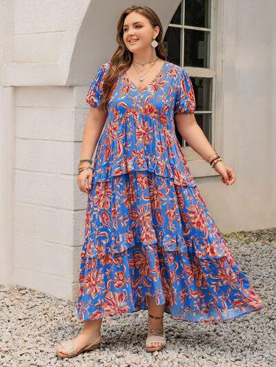 Plus Size Ruffled Printed V-Neck Short Sleeve Maxi Dress - Clothes For Her Online Store