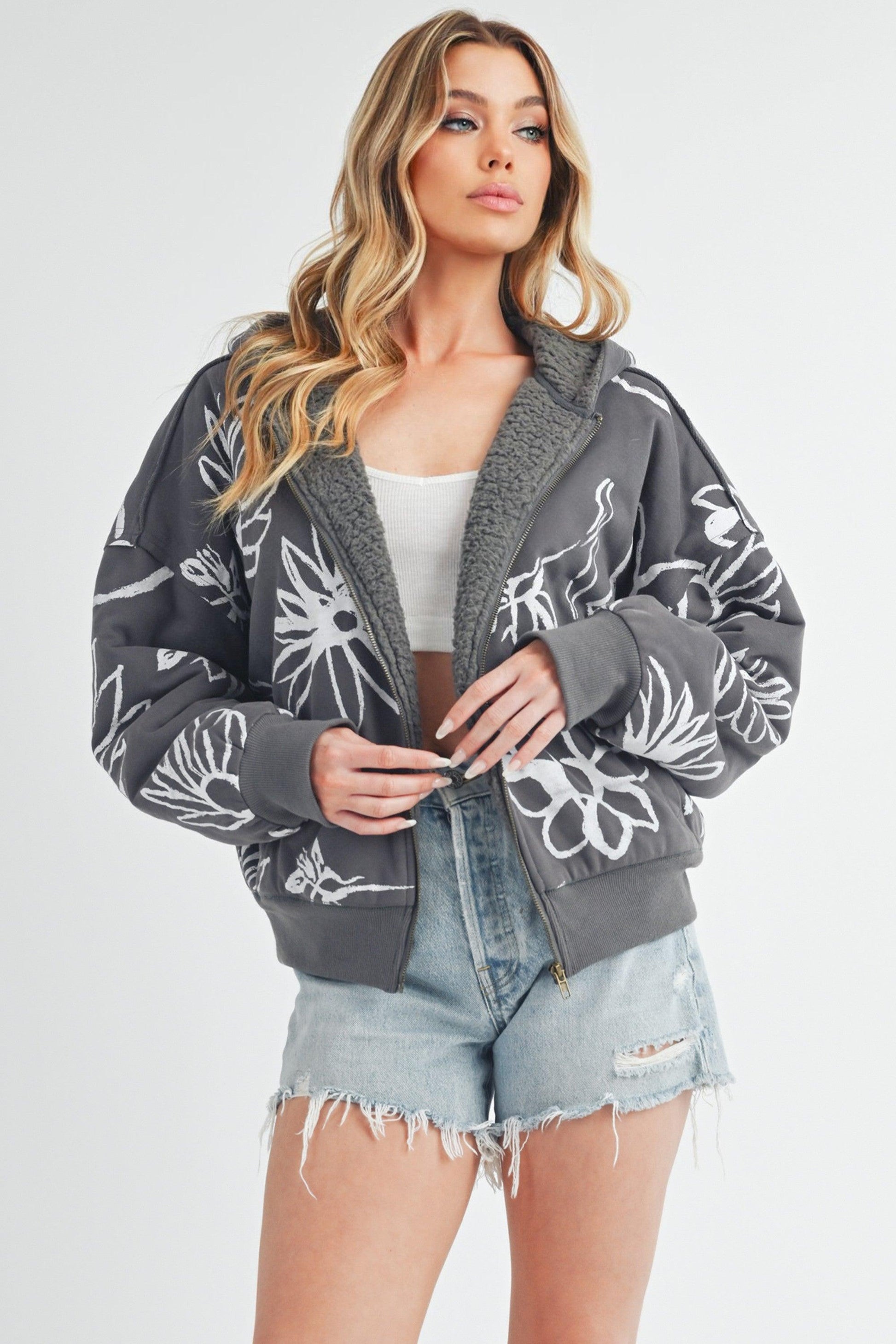 Aemi + Co Flower Print Zip Up Sherpa Hoodie