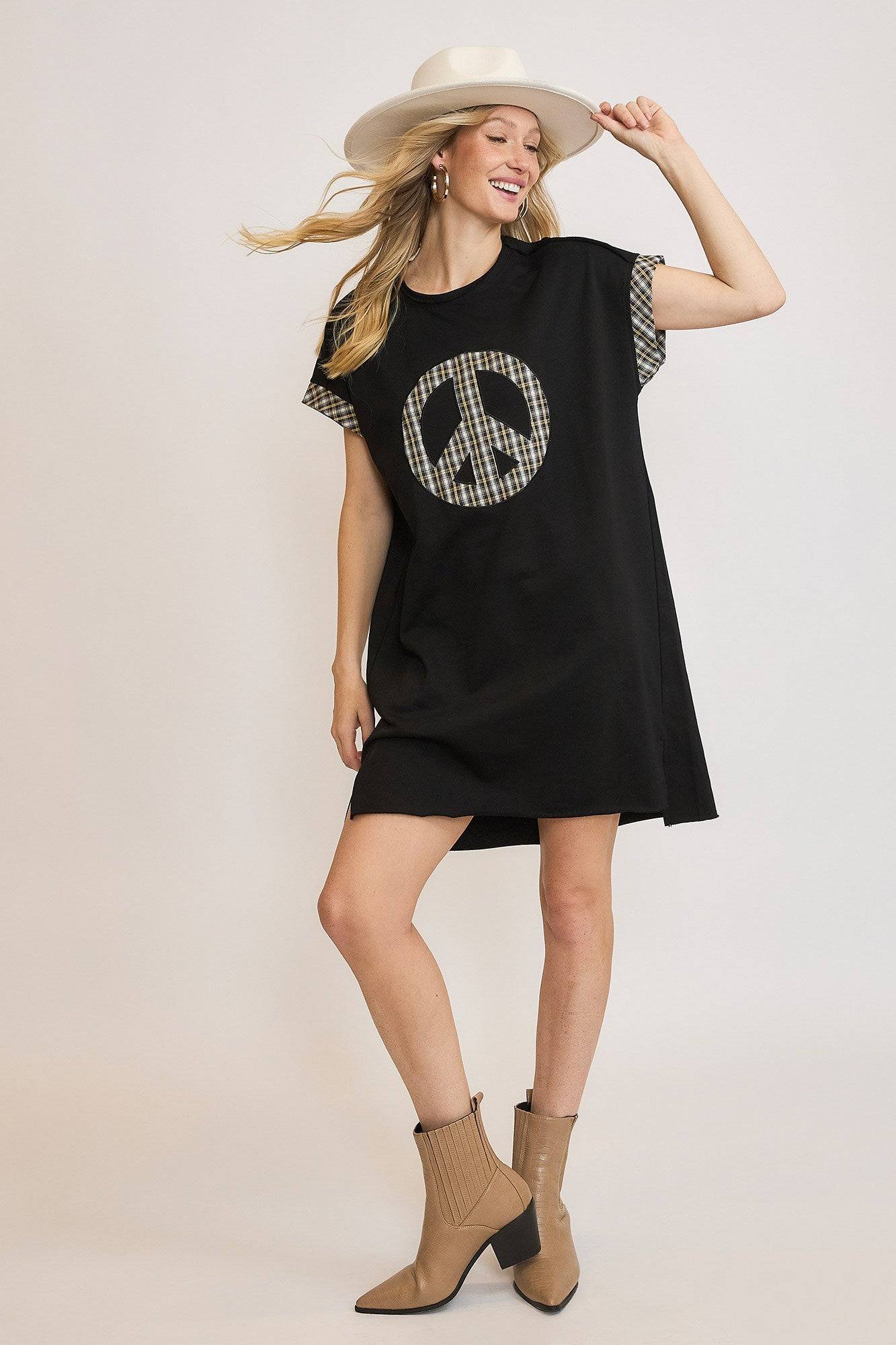 Umgee Peace Plaid Applique Short Sleeve Mini Dress - Clothes For Her Online Store