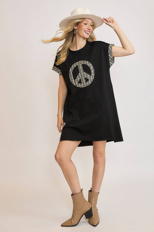 Umgee Peace Plaid Applique Short Sleeve Mini Dress - Clothes For Her Online Store