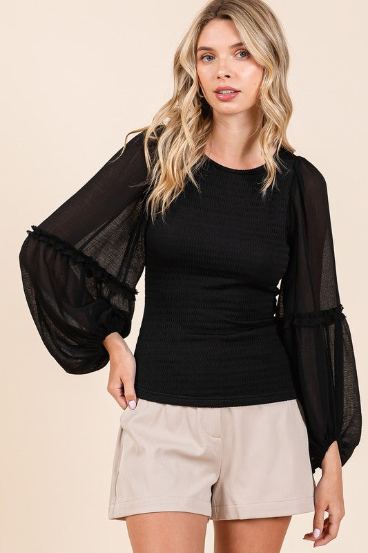 Mittoshop Mixed Media Textured Knit Chiffon Long Sleeve Top - Clothes For Her Online Store