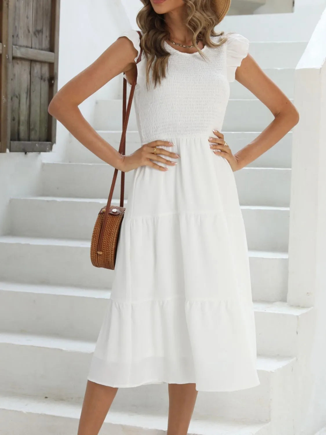 Ruffled Round Neck Cap Sleeve Dress