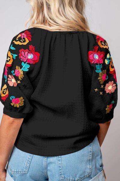 Floral Embroidered Notched Puff Sleeve Blouse