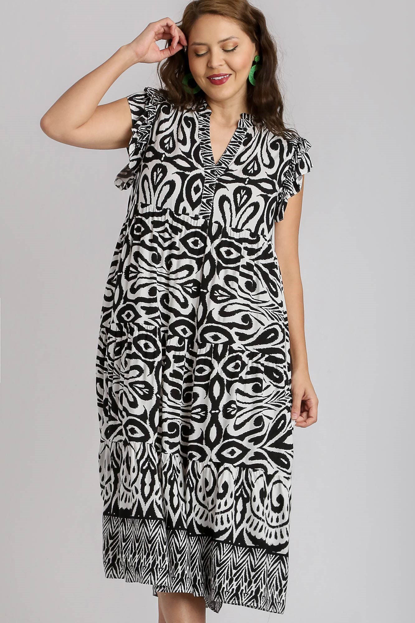 Umgee Full Size Two Tone Border Print Ruffle Cap Sleeve Midi Dress Plus Size - Clothes For Her Online Store
