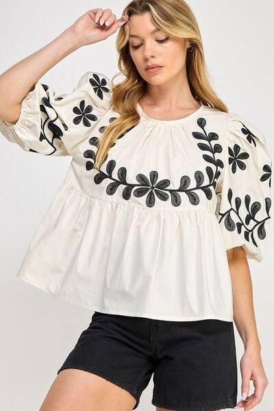 SAGE+FIG Puff-Sleeve Embroidered Peplum Blouse