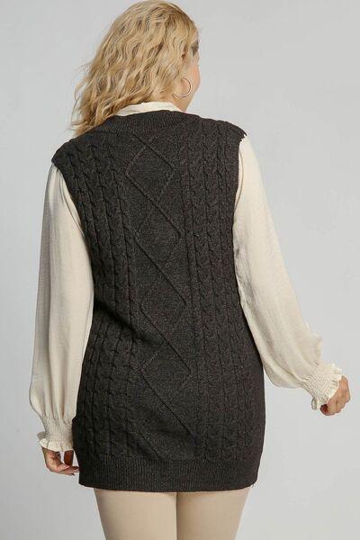 Umgee Full Size Cable V-Neck Vest Sweater Plus Size