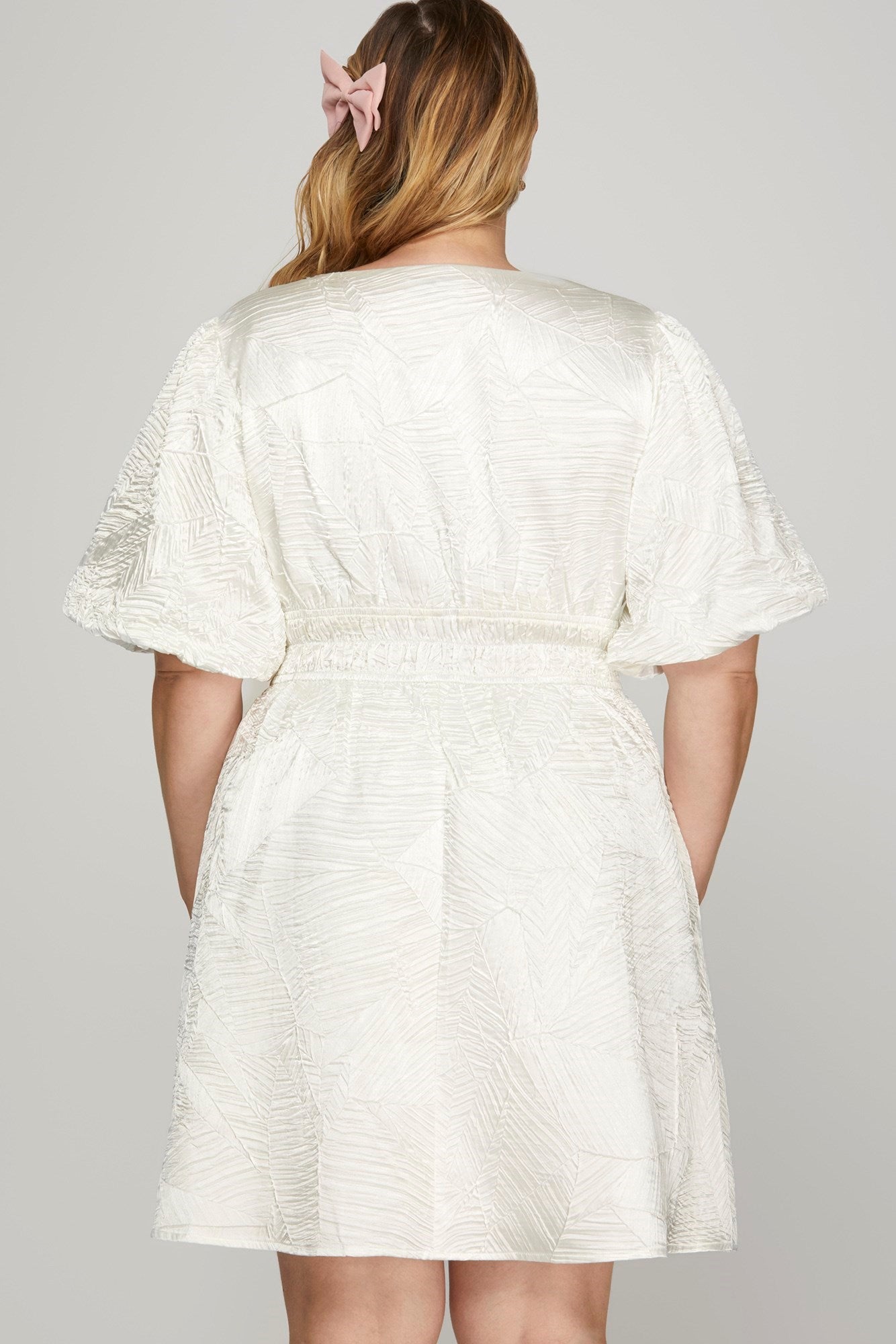 She + Sky Crinkle Woven V-Neck Balloon Sleeve Mini Dress - Clothes For Her Online Store