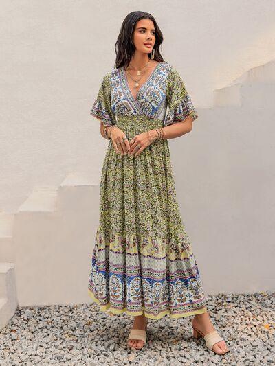 Ruched Printed Flounce Sleeve Maxi Dress