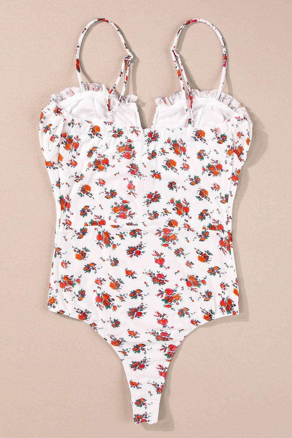 Floral Frilled Trim Spaghetti Straps Bodysuit