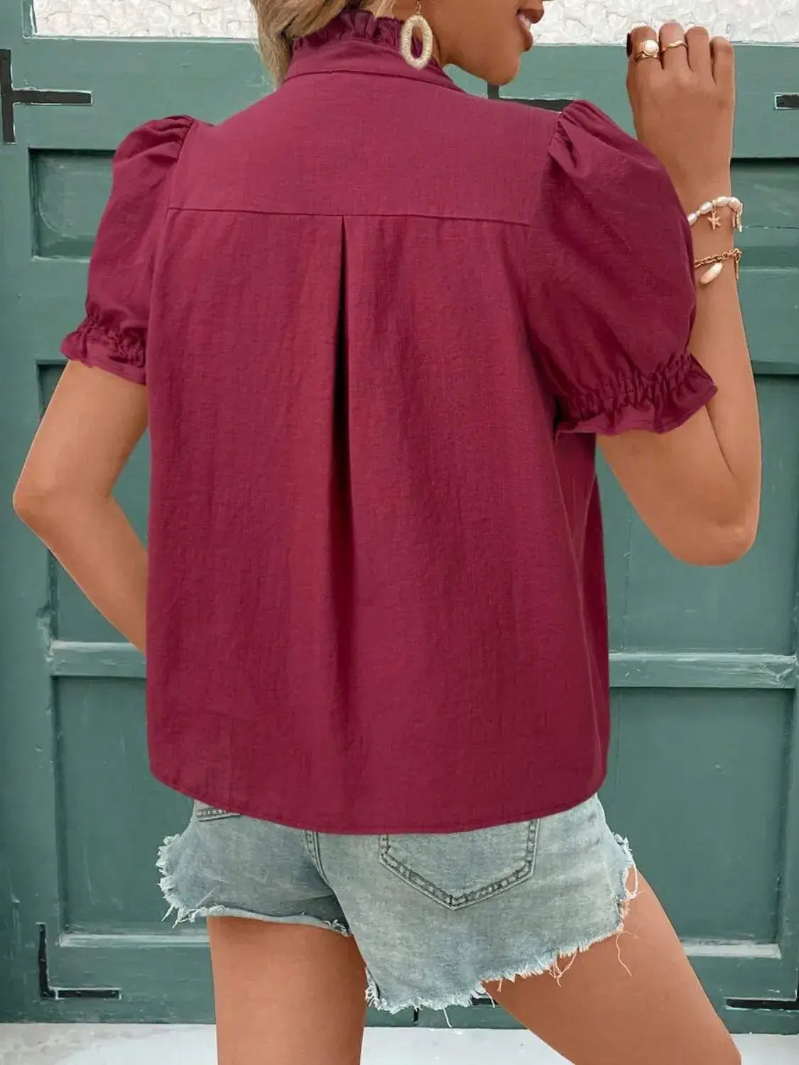 Embroidered Frill Notched Short Sleeve Blouse