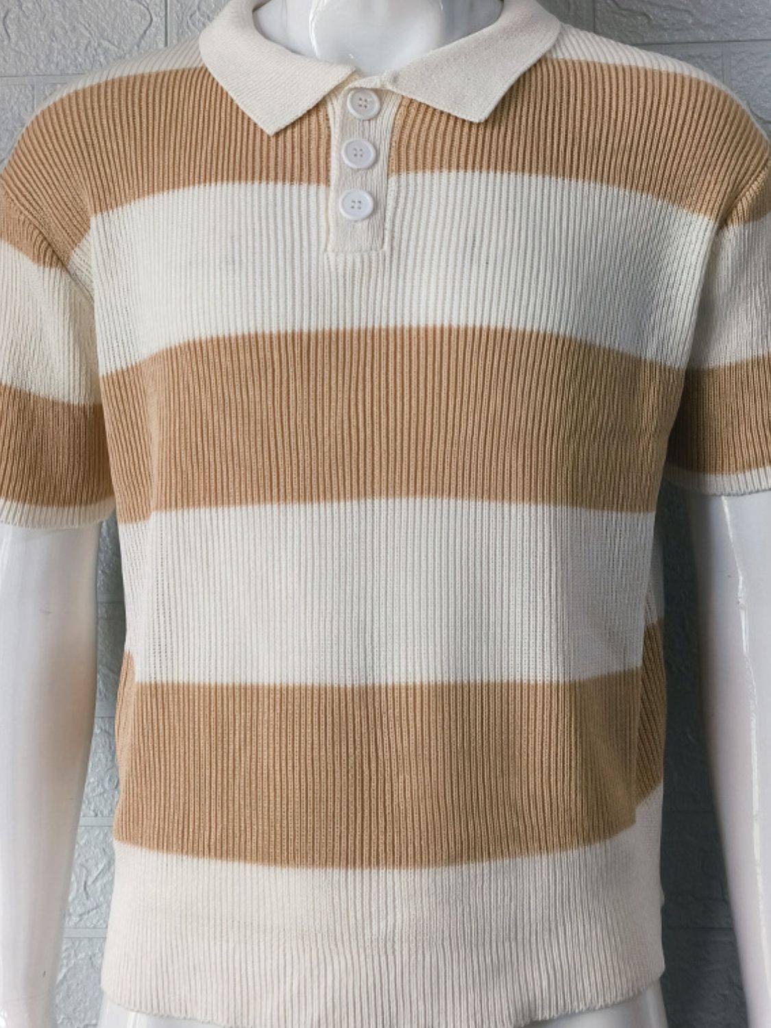 Men's Plus Size Collared Neck Striped Ribbed Knit Polo