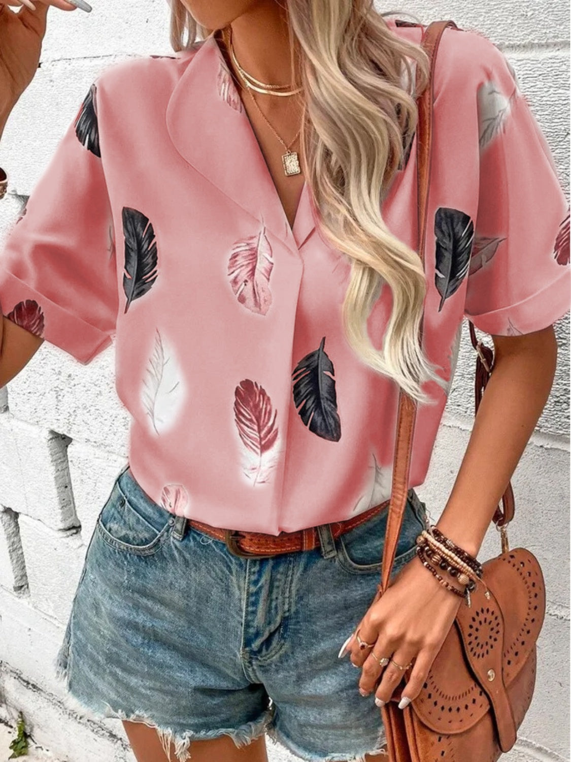 Full Size Printed Collared Neck Short Sleeve Blouse - Clothes For Her Online Store