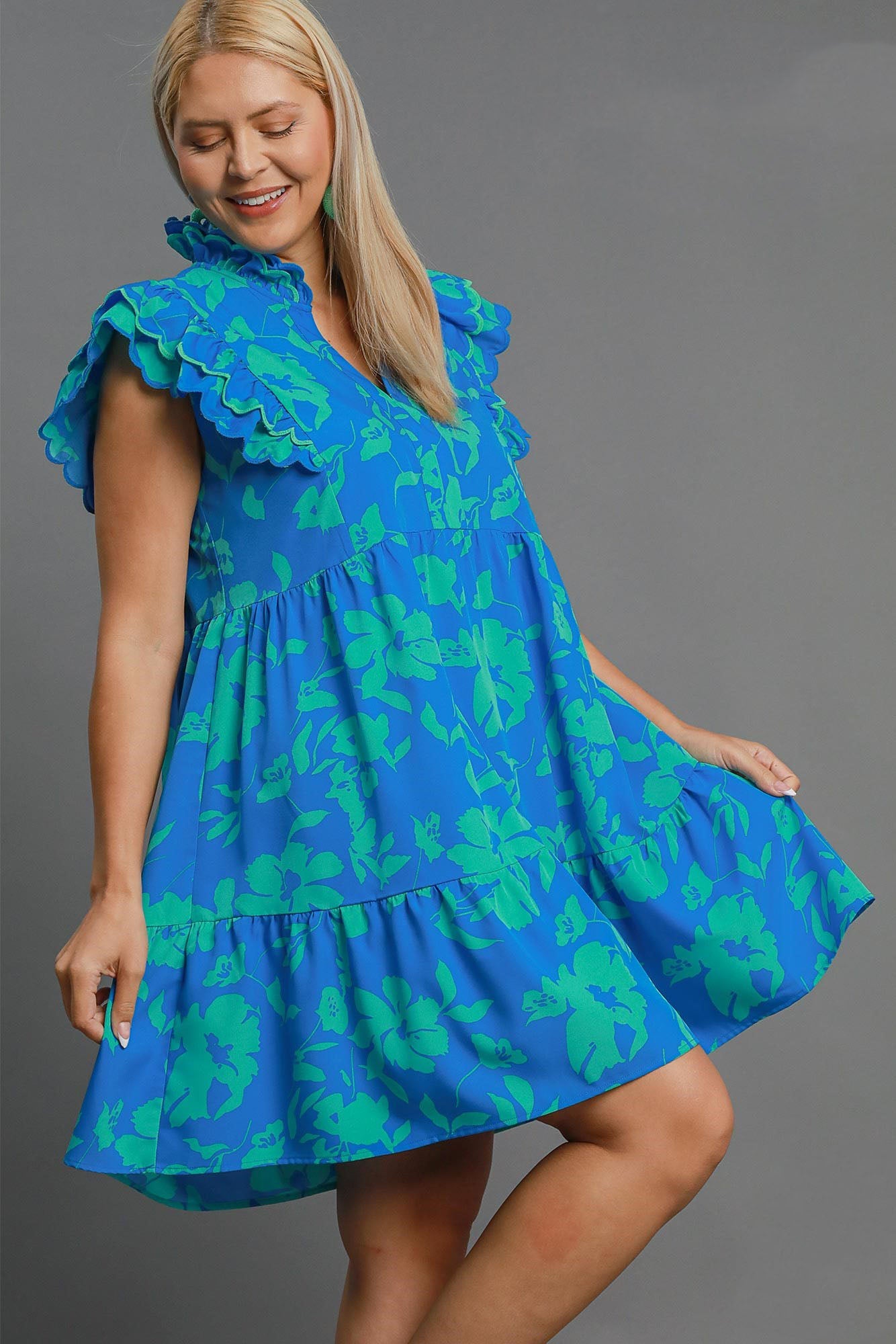 Umgee Full Size Two Tone Floral Print Ruffle Cap Sleeve Mini Dress Plus Size - Clothes For Her Online Store