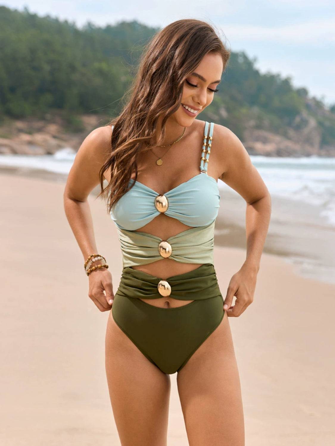 Color Block Sweetheart Neck One-Piece Swimwear - Clothes For Her Online Store