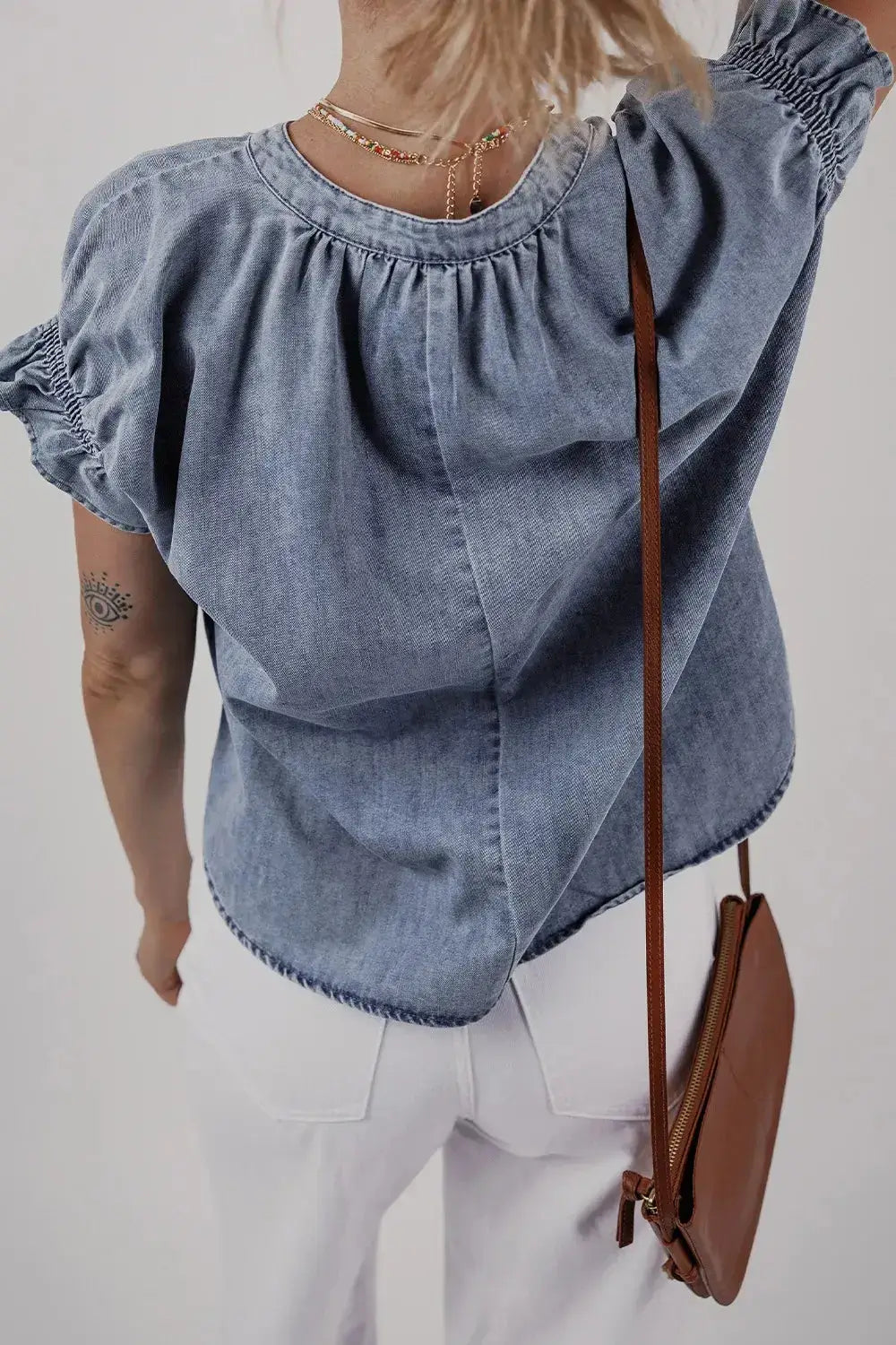 V Neck Ruffled Short Puff Sleeve Denim Top - Clothes For Her Online Store