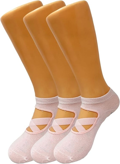 Women's Non-Slip Grip Yoga Socks with Straps, 3 Pairs for Pilates and