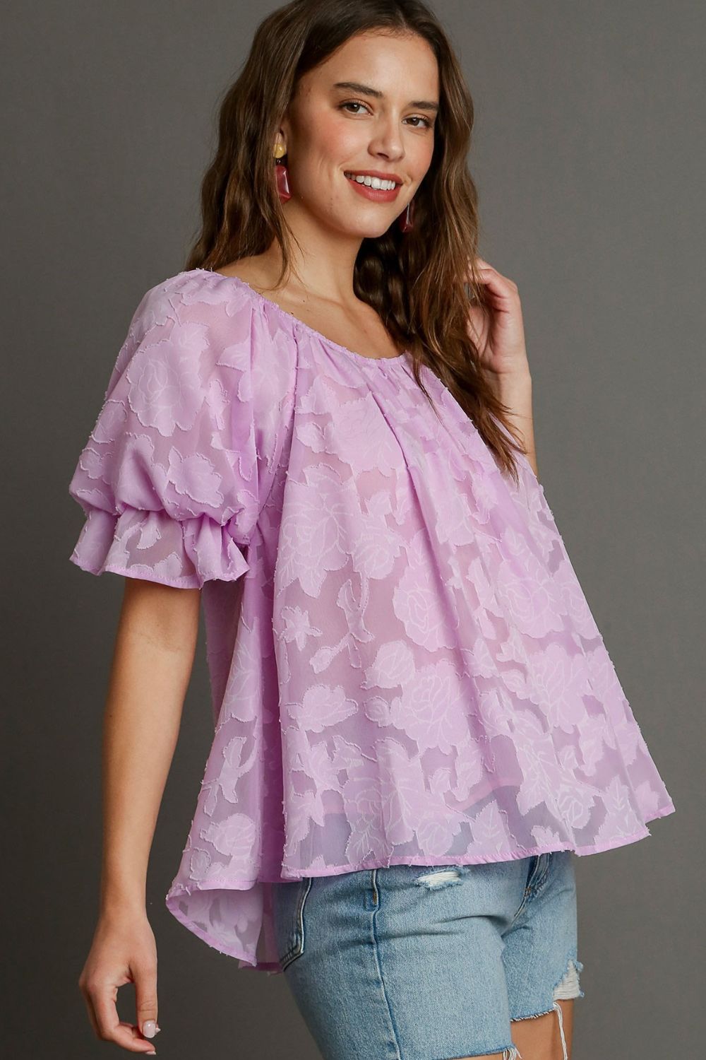Umgee Full Size Jacquard Round Neck Ruffled Puff Sleeve Blouse Plus Size - Clothes For Her Online Store