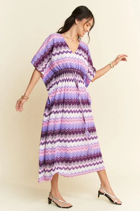 Davi & Dani Multi Color Wavy Tie Waist Flowy Sleeve Dress