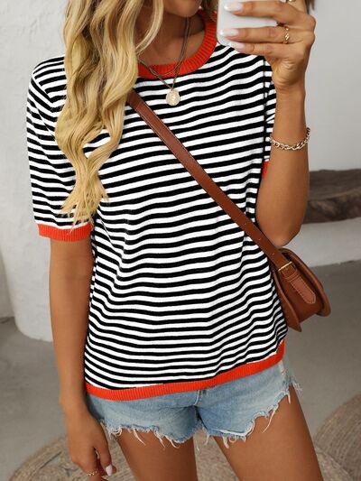 Mandy Striped Round Neck Half Sleeve Knit Top