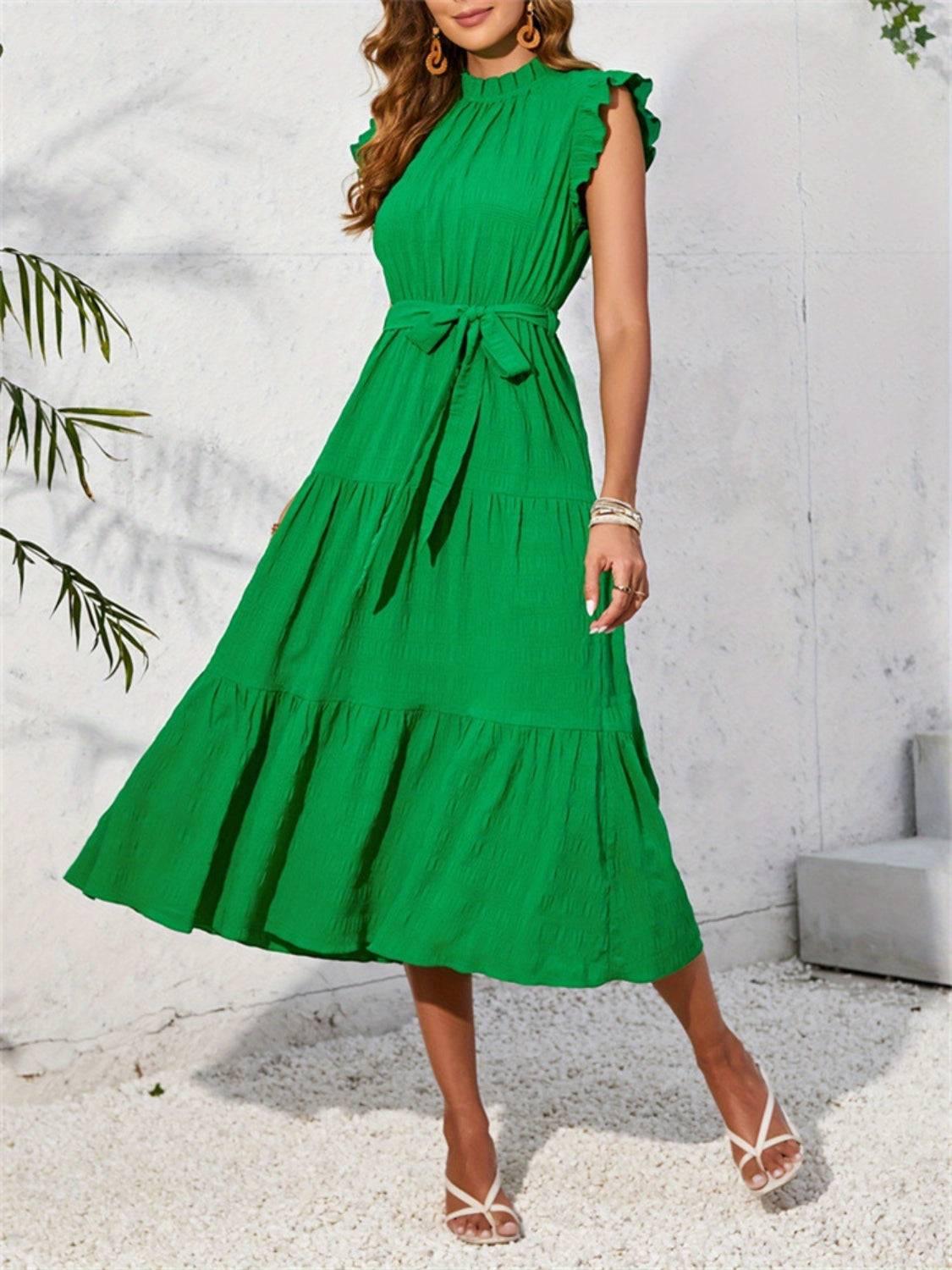 Frill Mock Neck Ruffled Cap Sleeve Midi Dress