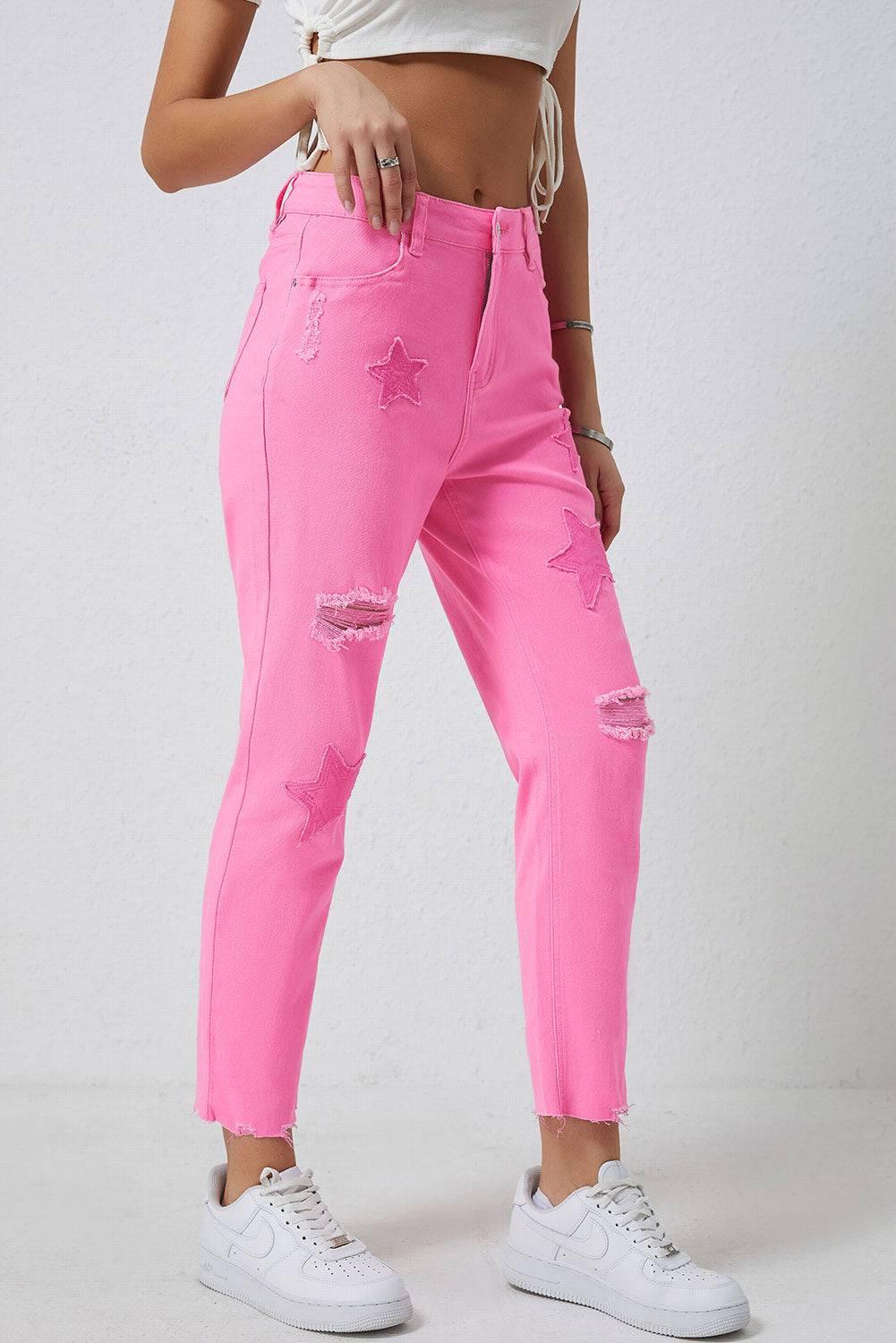 Star Raw Hem Distressed Jeans - Clothes For Her Online Store
