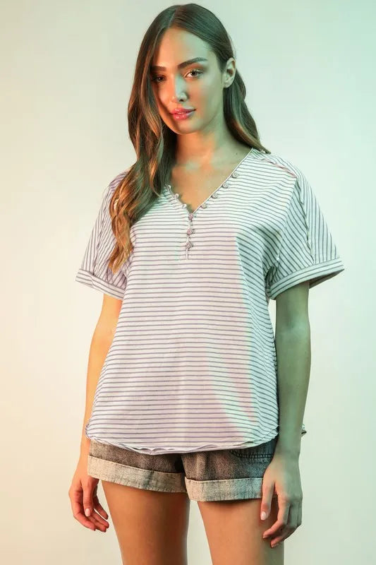 VERY J Striped V-Neck Short Sleeve T-Shirt