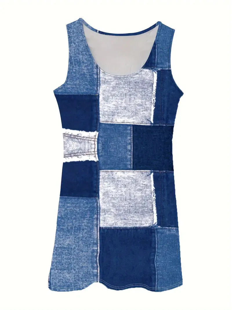 Patchwork Scoop Neck Denim Tank Dress
