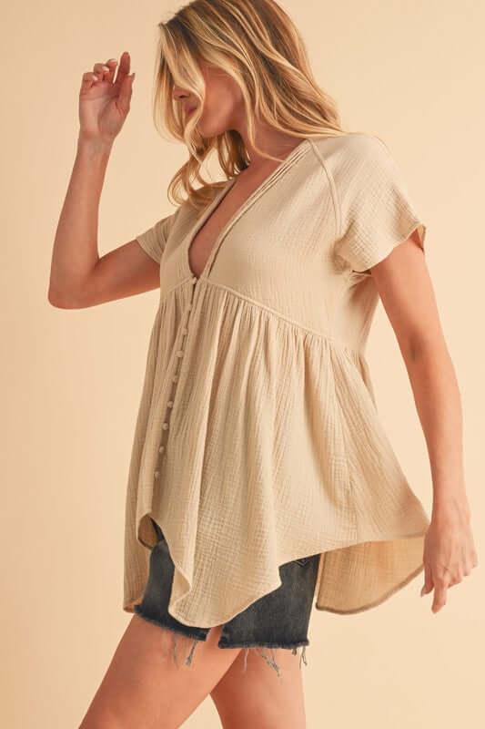 Aemi + Co Tuck Detail V-Neck Short Sleeve Blouse