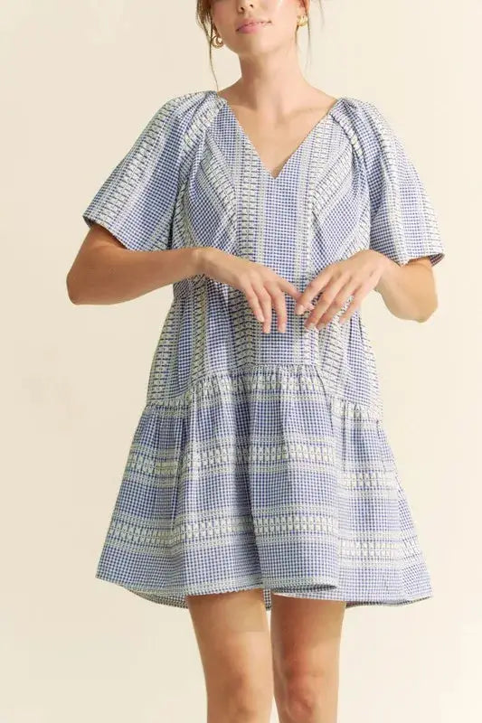 Davi & Dani Embroidered Stripe Ruffled Gingham Mini Dress - Clothes For Her Online Store