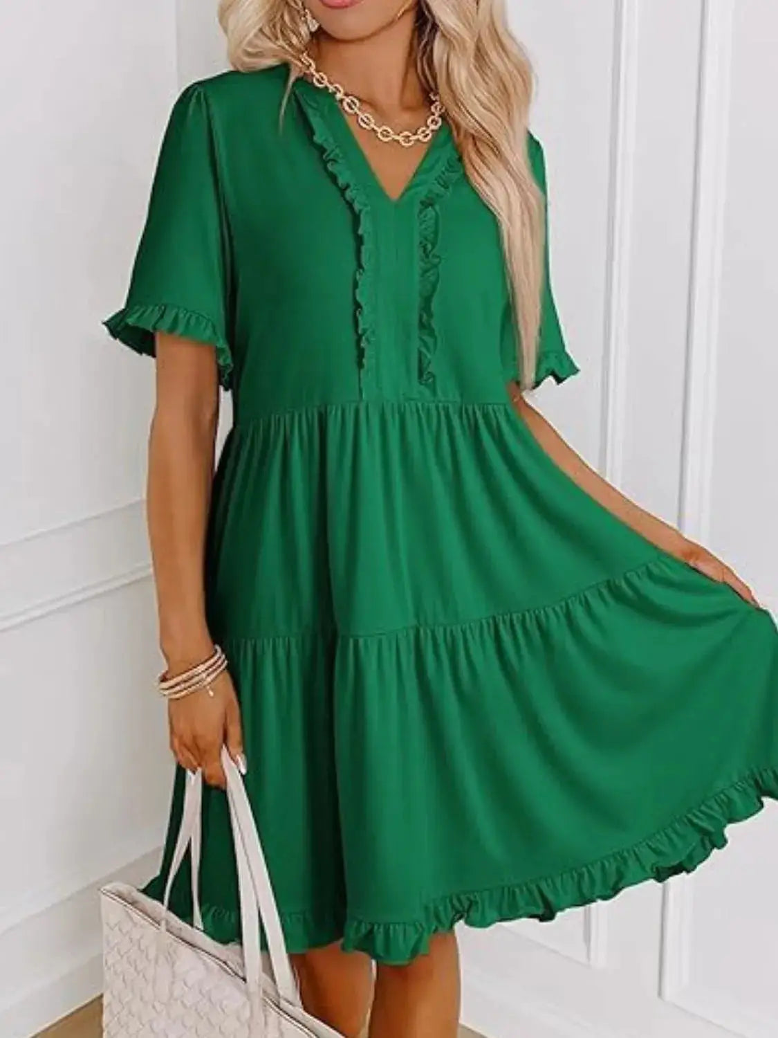 Tiered Notched Short Sleeve Mini Dress - Clothes For Her Online Store
