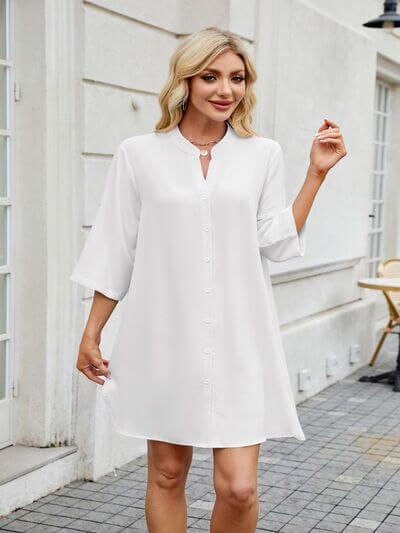 Notched Long Sleeve Mini Shirt Dress