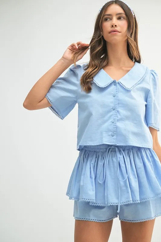 MABLE Collared Button Down Crop Top and Skort Set - Clothes For Her Online Store
