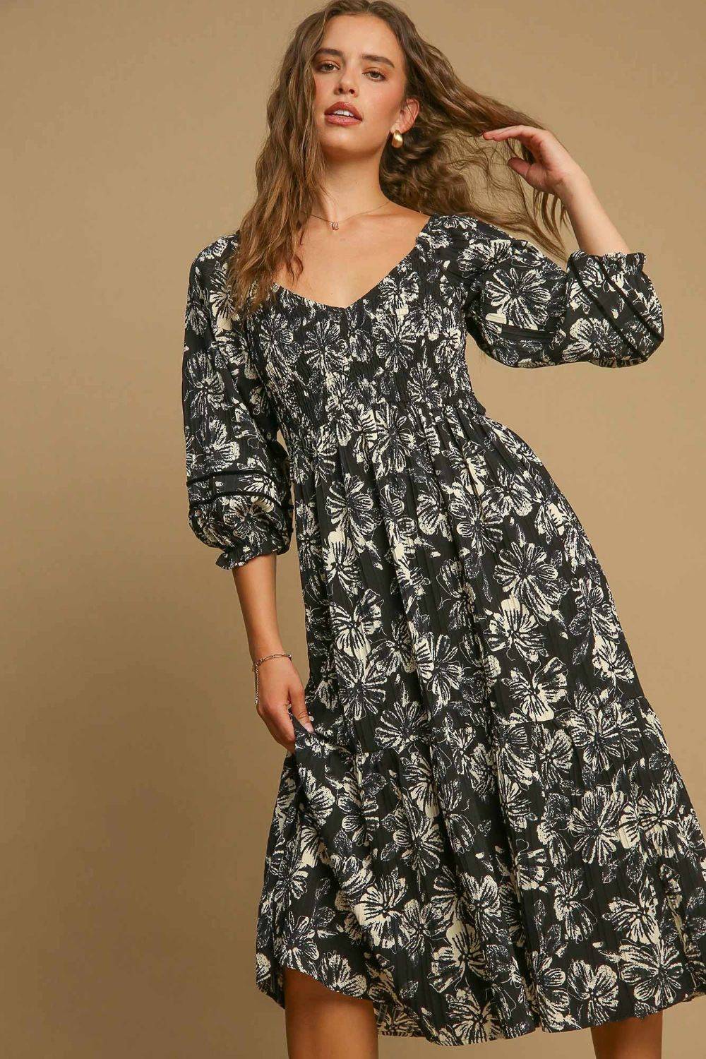 Umgee Ruffle Hem Flower Printed V-Neck Dress - Clothes For Her Online Store