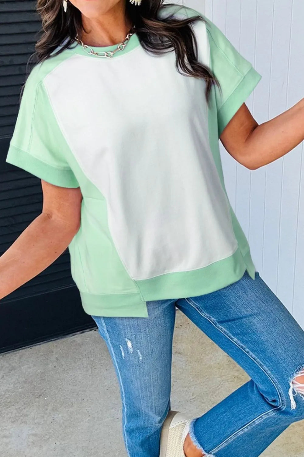 Color Block Exposed Seam Crew Neck T Shirt