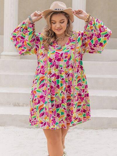 Plus Size Printed V-Neck Balloon Sleeve Mini Dress - Clothes For Her Online Store