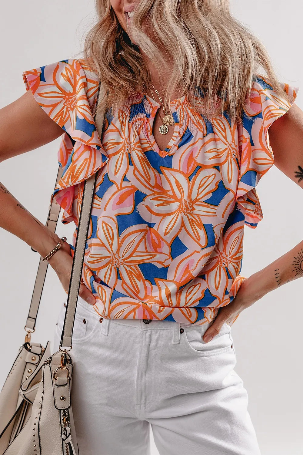 Flower Print Notched Neck Ruffle Sleeve Blouse