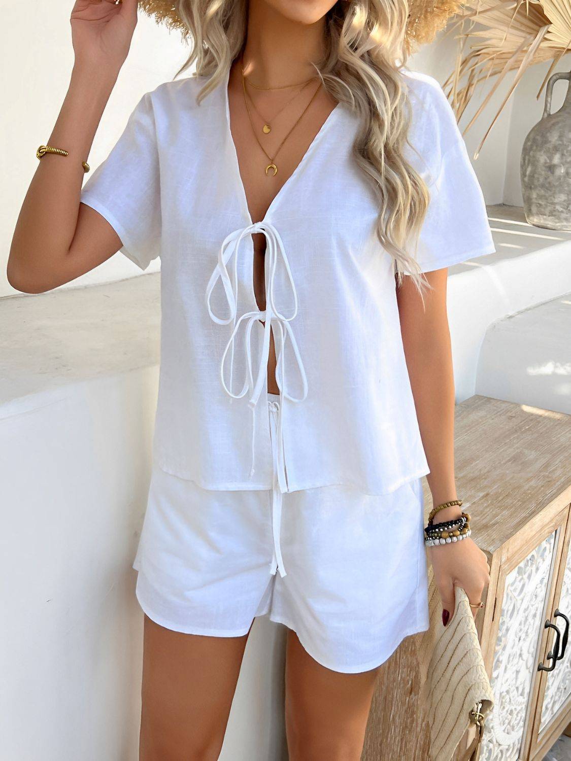 Devine Tied V-Neck Short Sleeve Top and Shorts Set