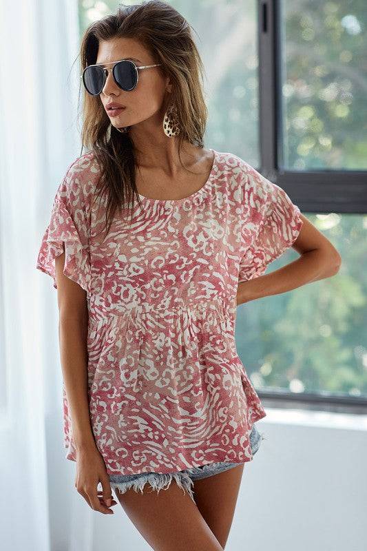 BiBi Leopard Print Gauze Woven Flutter Sleeve Blouse - Clothes For Her Online Store
