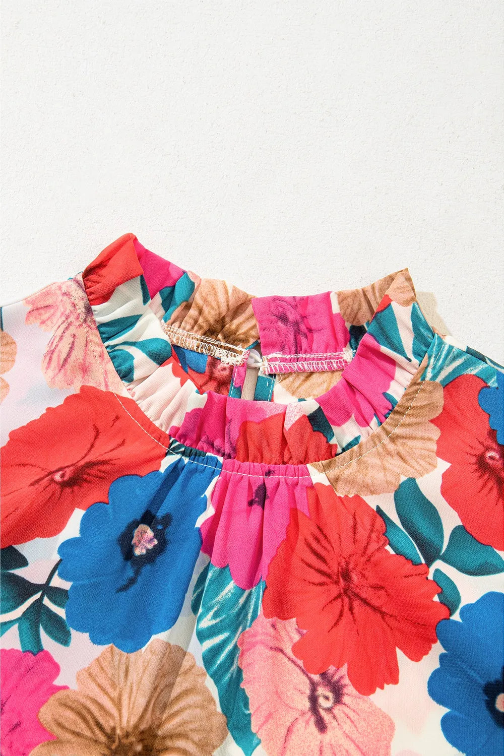 Floral Mock Neck Striped Cap Sleeve Blouse