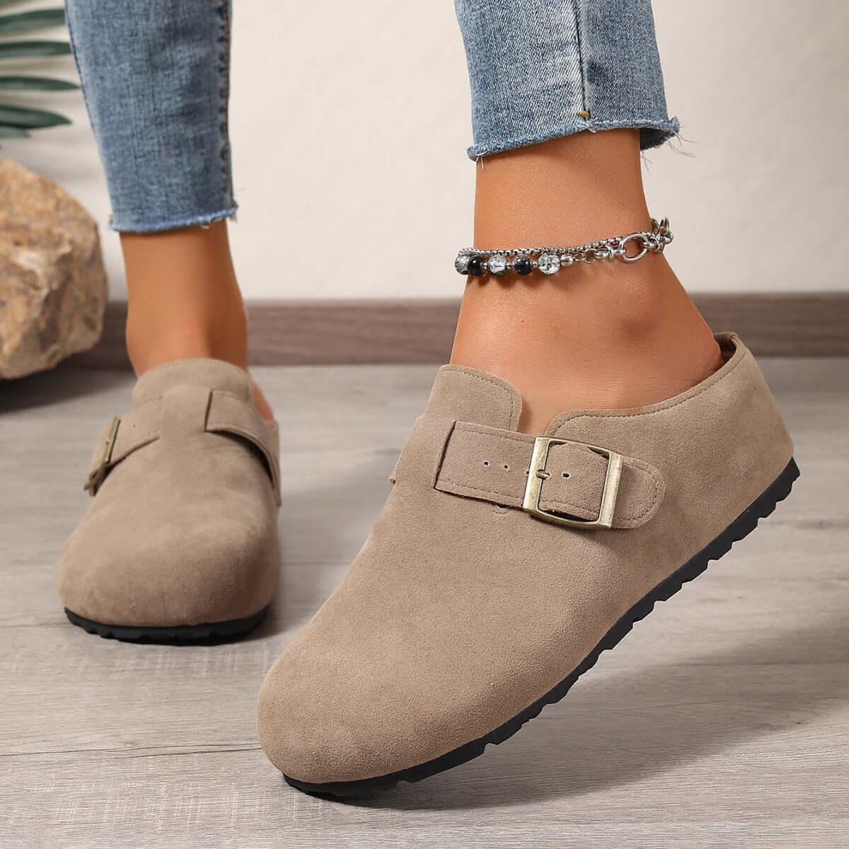 Round Toe Suede Buckle Slip-Ons