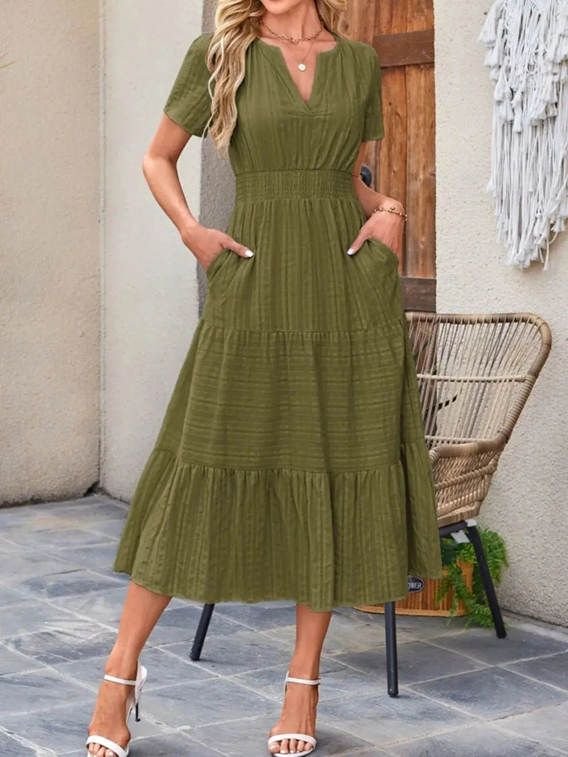 Tiered Notched Short Sleeve Dress - Clothes For Her Online Store