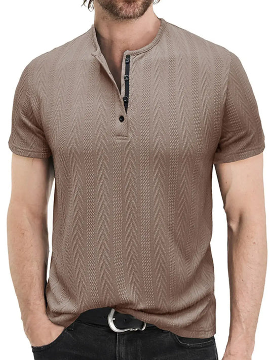 Men's Textured Chevron Pattern Henley Polo Shirt