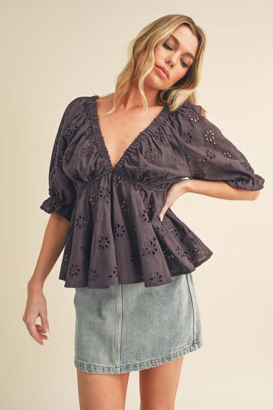 Aemi + Co Eyelet Embroidered V-Neck Half Sleeve Peplum Blouse