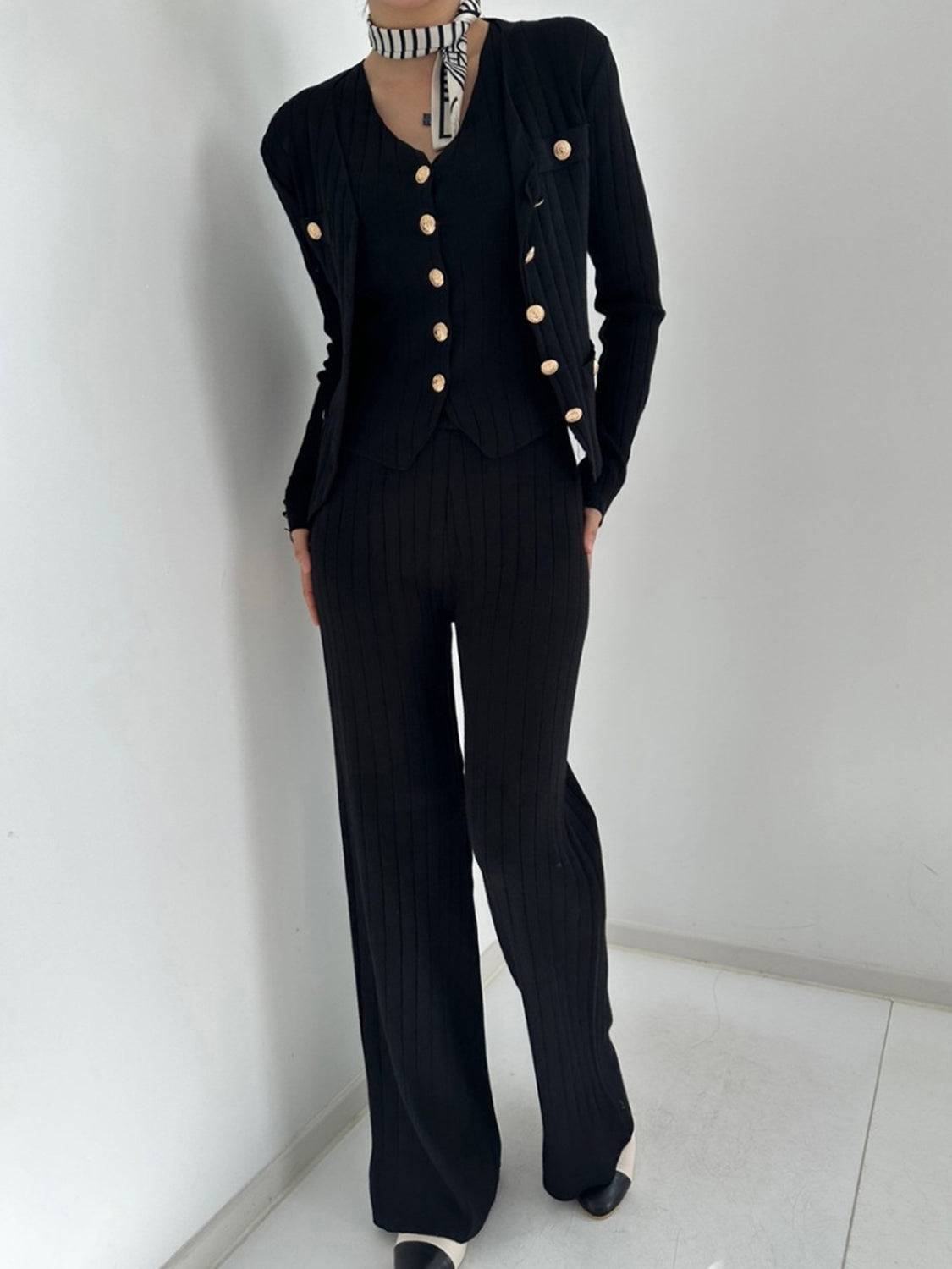 V-Neck Tank, Cardigan and Pants Three-Piece Sweater Set - Clothes For Her Online Store