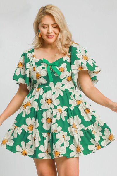 Umgee Full Size Daisy Print Mini Dress with Ribbon Details Plus Size