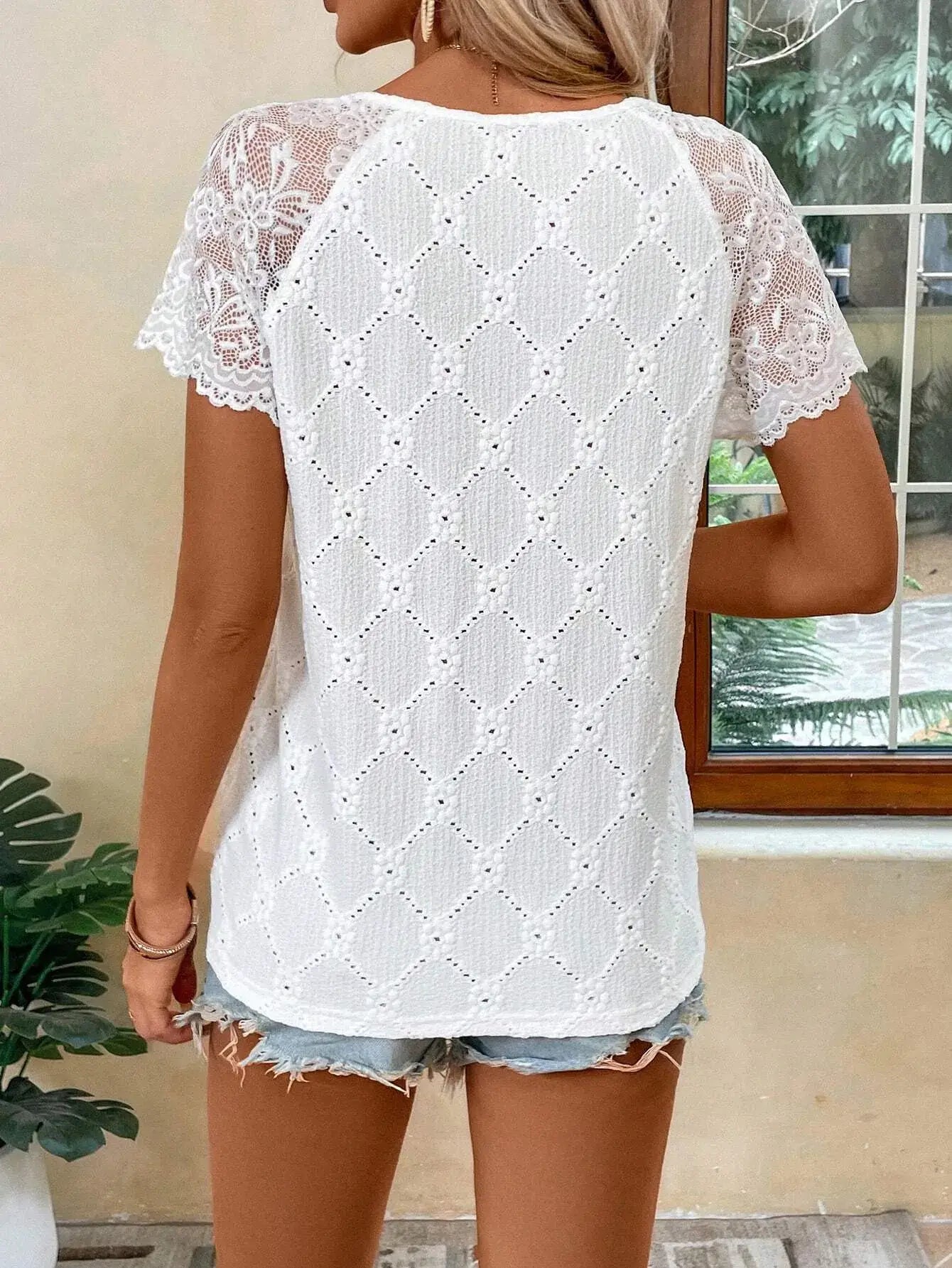 Lace Trim Eyelet Embroidered V-Neck T-shirt