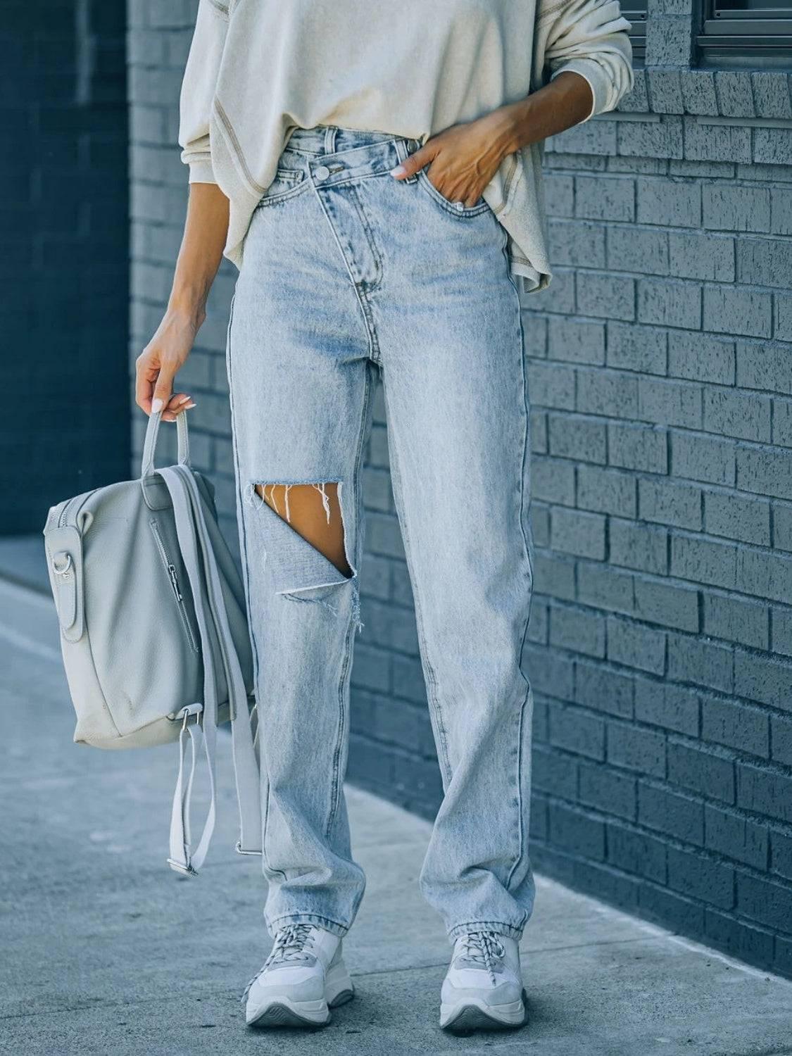 Distressed Asymmetric Waist Jeans - Clothes For Her Online Store
