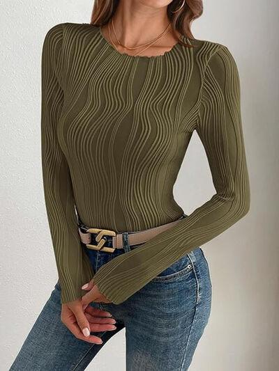 Textured Round Neck Long Sleeve Top