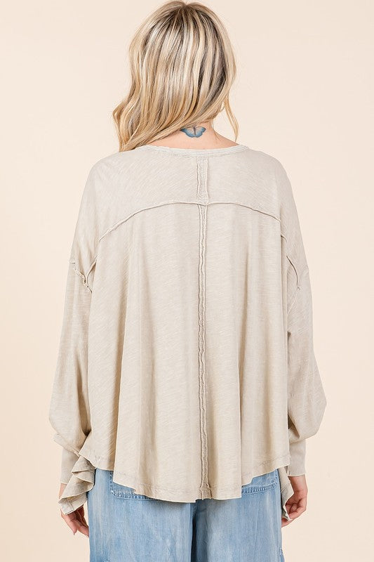 Mittoshop Mineral Wash V-Neck Long Sleeve Oversized Top - Clothes For Her Online Store