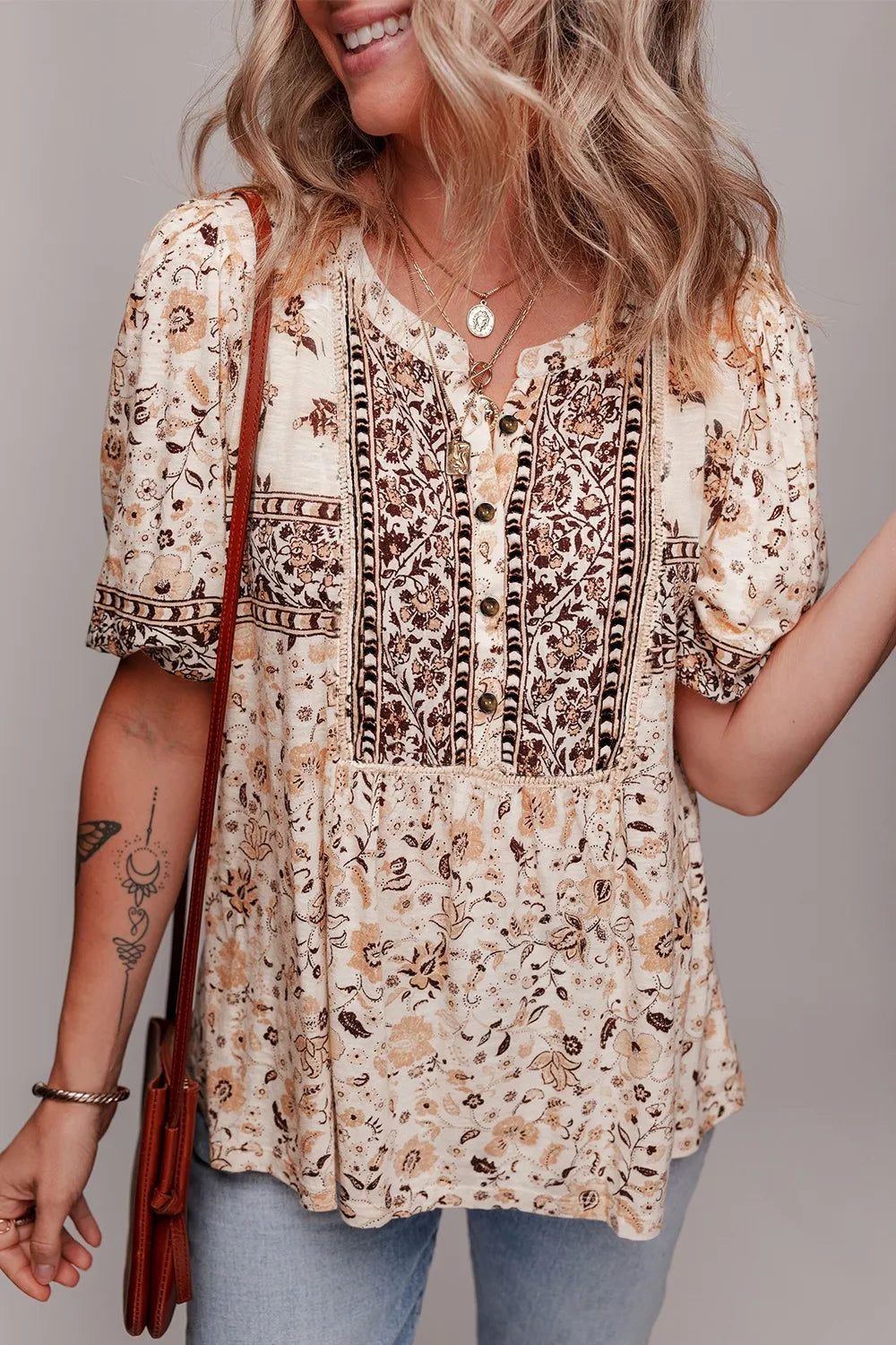 Boho Floral Print Half Placket Short Sleeve Loose Blouse